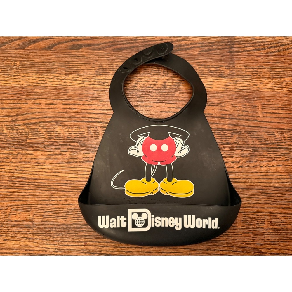 Walt Disney World Mickey Mouse Baby Toddler Bib Silicone‎ Wipe Clean Pocket Bin